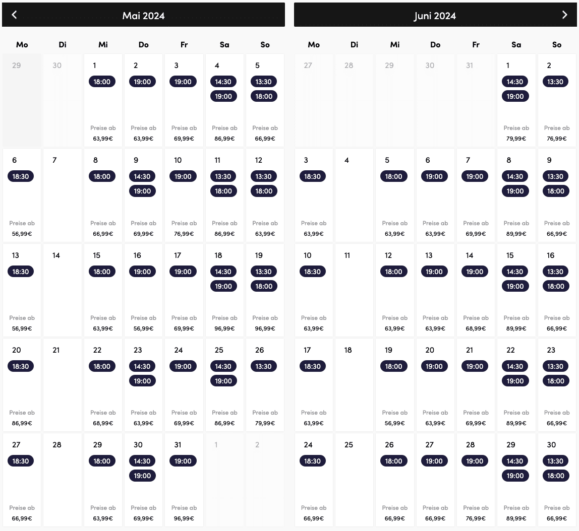 Kalender für Ticketkauf