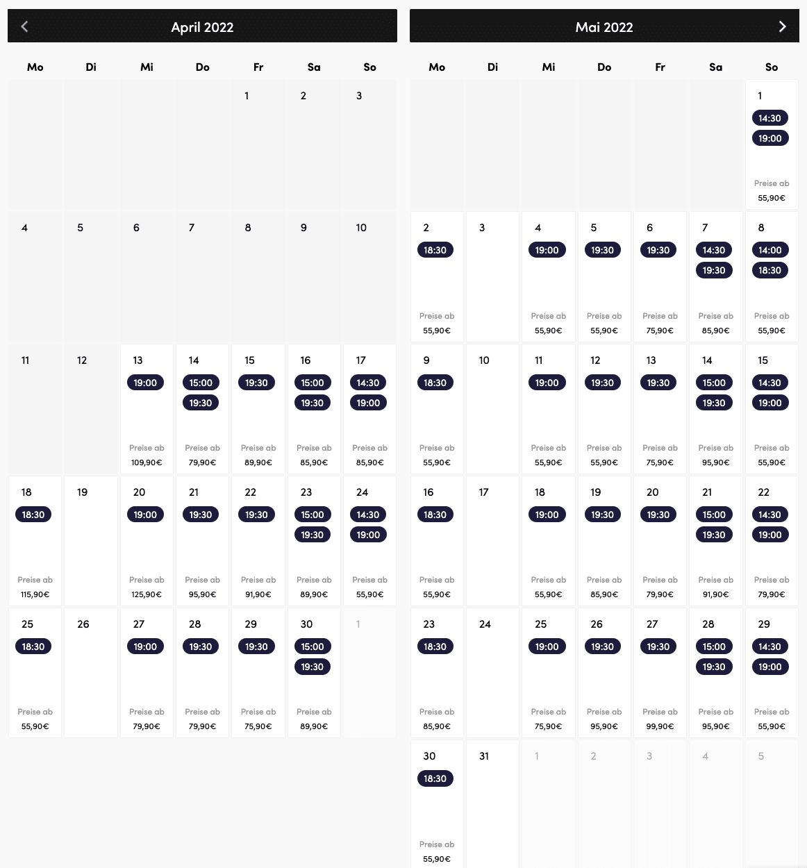 Kalender für Ticketkauf